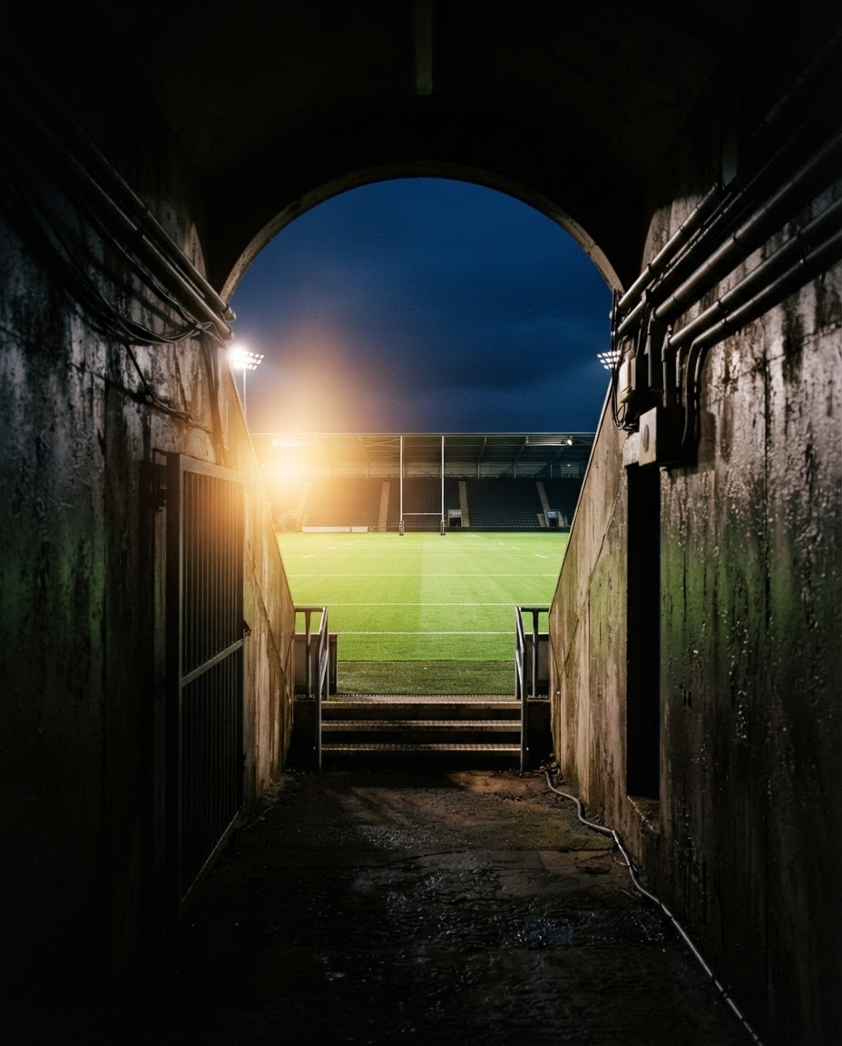 View from a stadium tunnel opening onto a rugby pitch under floodlights at dusk