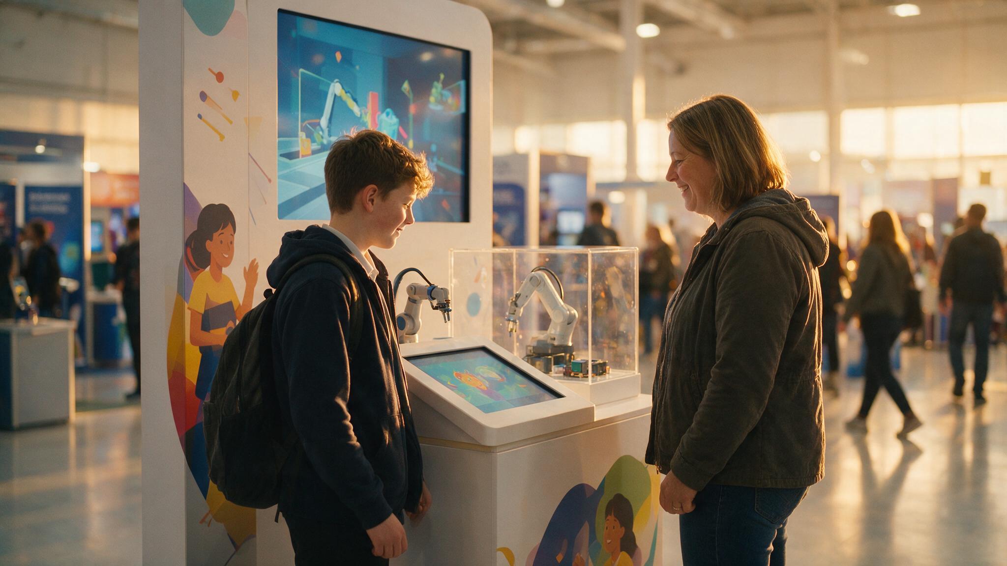 A pupil and a parent looking together at an interactive careers exhibit