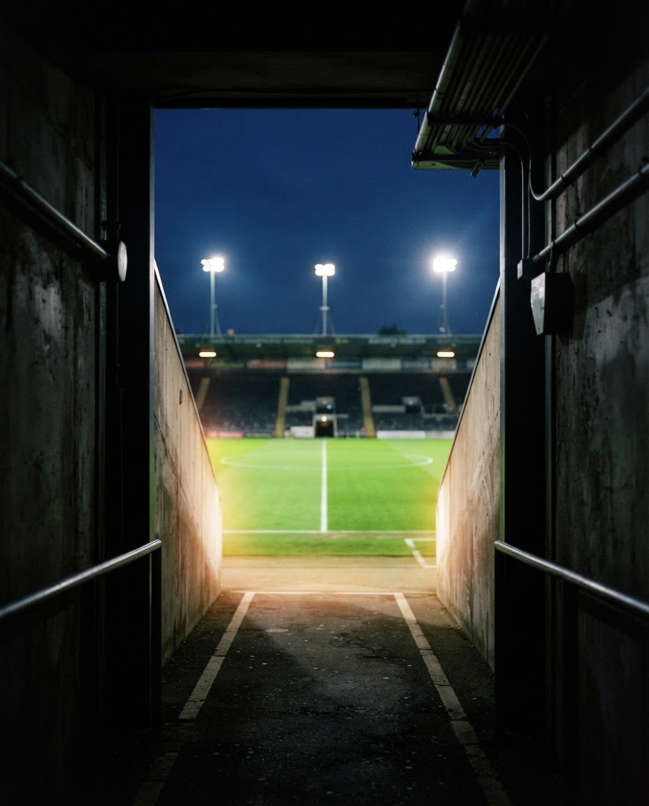View from a stadium tunnel opening onto a football pitch under floodlights at dusk