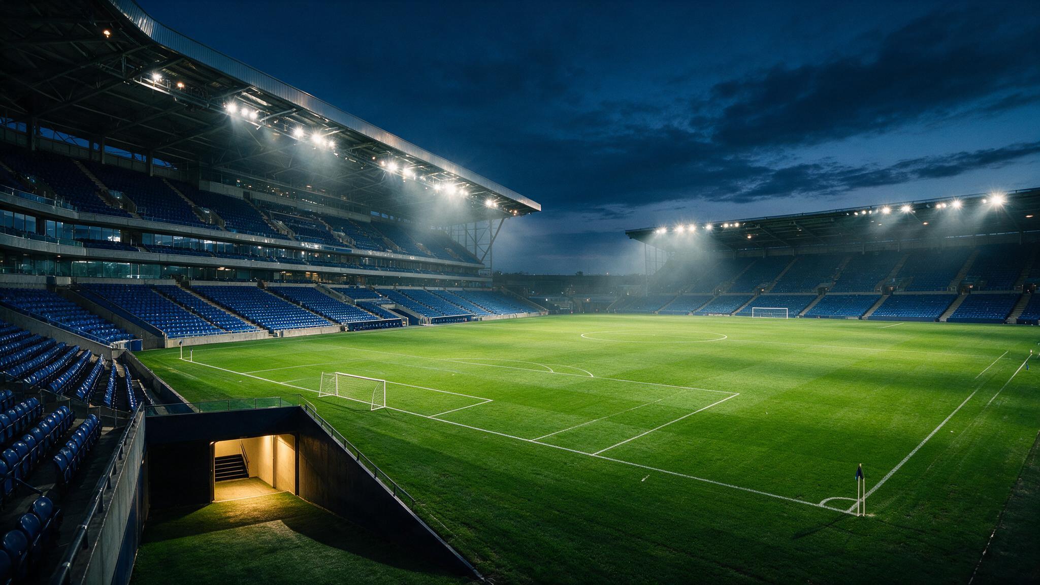 Empty stadium pitch glowing under floodlights at dusk, tunnel light spilling onto the turf